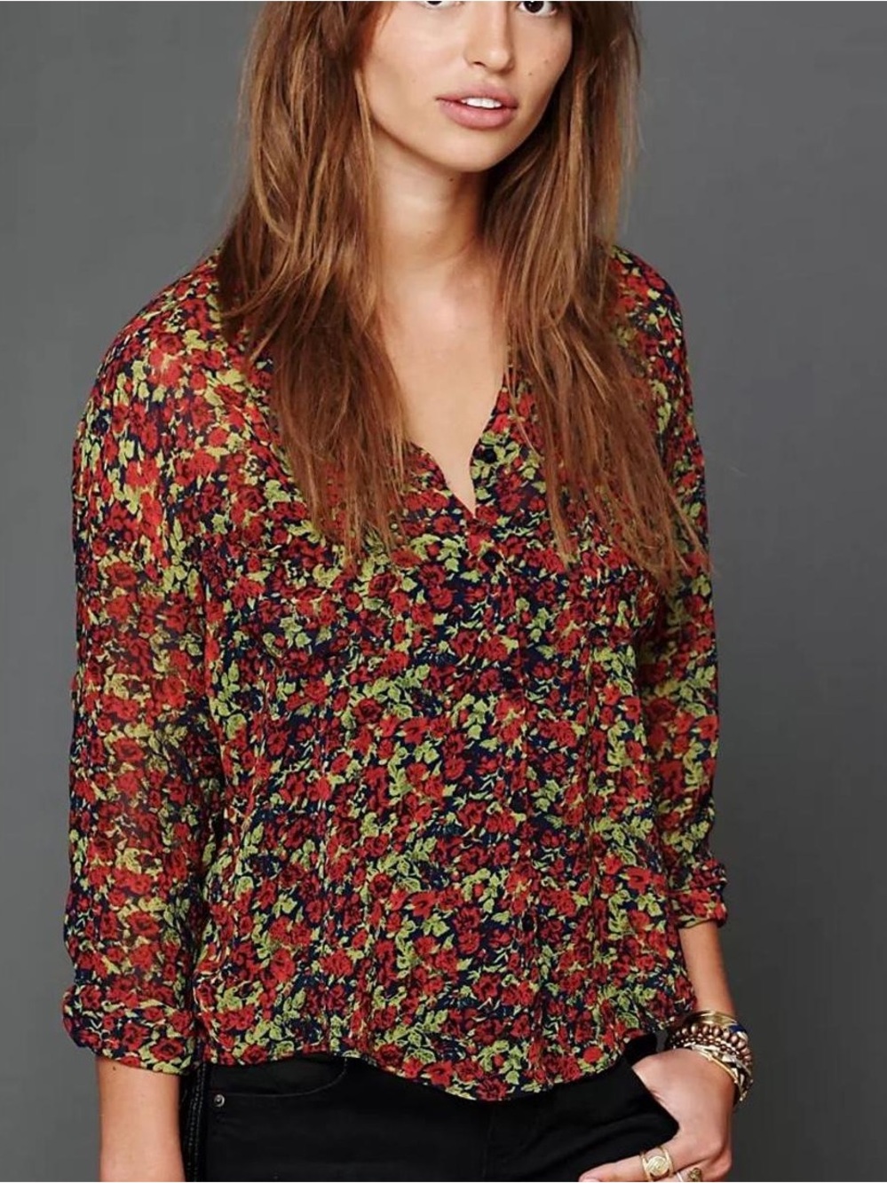 Free People Floral Easy Rider Sheer Button Down Blouse